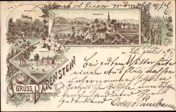 Chromo-Litho Bärenstein Altenberg in the Ore Mountains, castle, village, market place