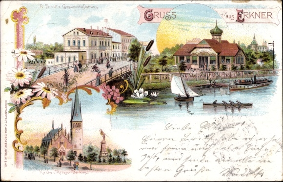 Litho Erkner in Brandenburg, Gesellschaftshaus R. Brodt, Kirche, Gasthaus