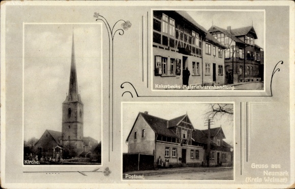 Postcard Neumark near Weimar Thuringia, church, material store, post office