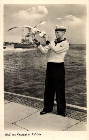 AkSailor hands a letter to a seagull, warship, navy