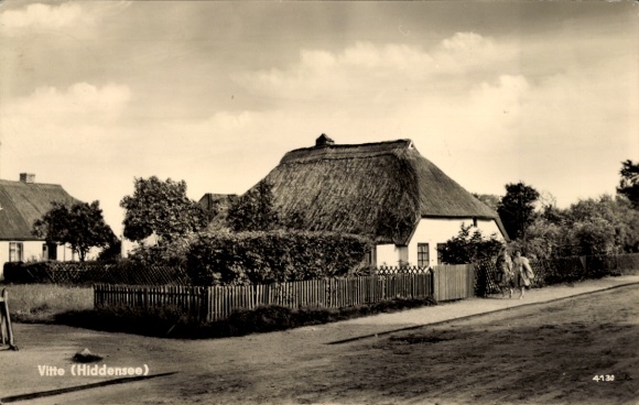 Ak Vitte Insel Hiddensee, Haus mit Reetdach, Straße, Bäume