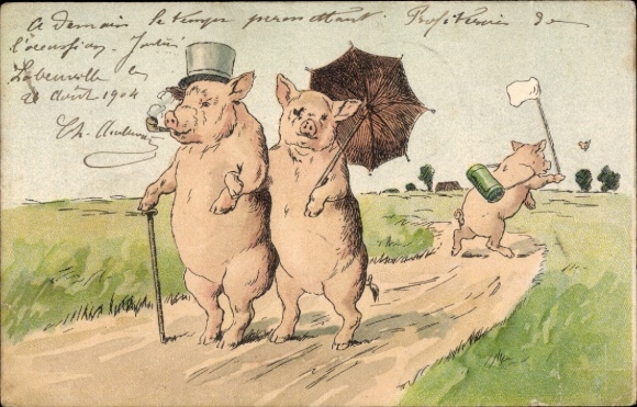 Chromo-Litho Humanized pigs, walk, pipe, parasol