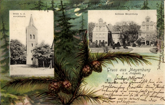 Passepartout Postcard Meyenburg in der Prignitz, castle, church tower, forest, night