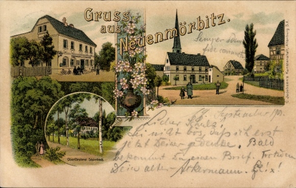 litho Neuenmörbitz Langenleuba Niederhain Thüringen, herberg, kerk, bosbouwkantoor Schönbach