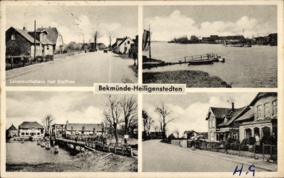 Postcard Heiligenstedten in Holstein, Bekmünde, jetty, bridge, business building Karl Steffens
