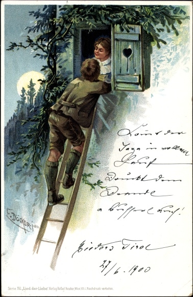Artist Chromo-Litho Döcker, E., man on the ladder, windows, lovers, moon