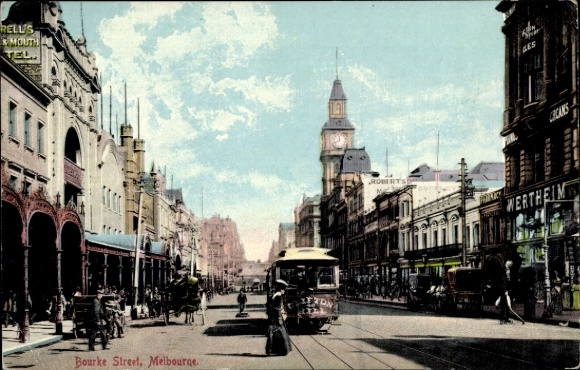 Postcard Melbourne Australia, Bourke Street, street scene, tram