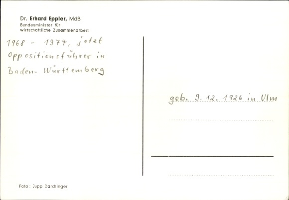 Postcard Dr. Erhard Eppler, Federal Minister for Economic Cooperation, autograph