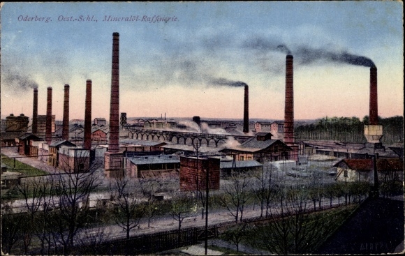 Postcard Bohumín Oderberg Reg. Moravian Silesia, mineral oil refinery, overall view, chimney stacks