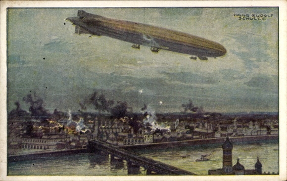 Artist Postcard Schulze, Hans Rudolf, Zeppelin, airship Schütte Lanz, bombing Warsaw, I. WK