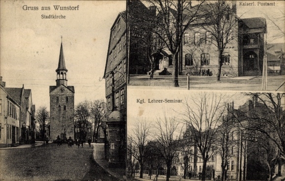 Postcard Wunstorf in Lower Saxony, town church, post office, teachers' seminar