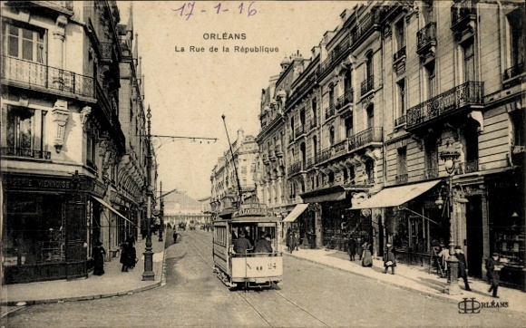 Postcard Orléans Loiret, street with tram, La Rue de la République, architecture