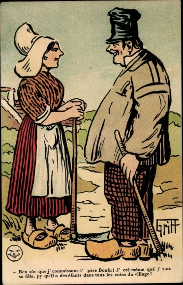 Artist Postcard Griff, French costume, conversation, woman with walking stick, Ben sur que j&#39;connaissons