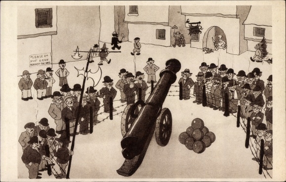 Artist Postcard Dratz, Jean, Chicago World's Fair 1933, Picturesque Belgium, They admire the old gun