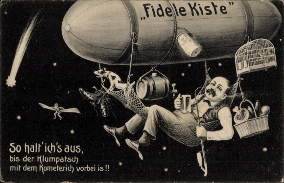 Postcard Fidele-Kiste, Zeppelin ride, man with beer glass and pipe, travel, dog, barrel