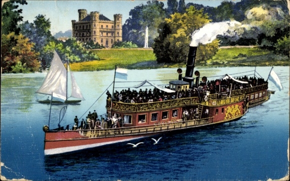 Postcard Berg on Lake Starnberg in Upper Bavaria, Salondampfer München, Berg Castle