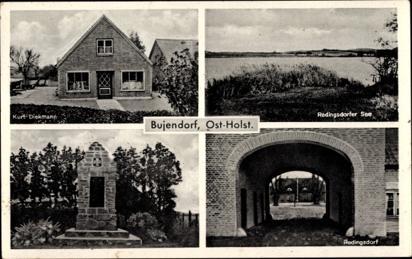 Postcard Bujendorf Süsel in Ostholstein, Redingsdorfer See, war memorial, Redingsdorf, business