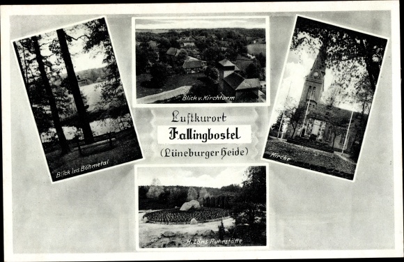 Postcard Bad Fallingbostel Lüneburger Heide, Böhmetal, church, H. Löns resting place, partial view