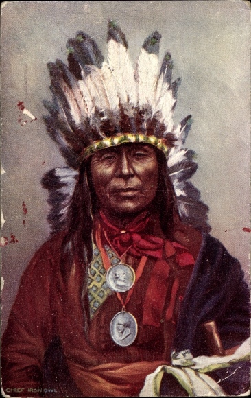 Künstler Ak Iron Owl, Portrait, Federschmuck, Tuck 3495