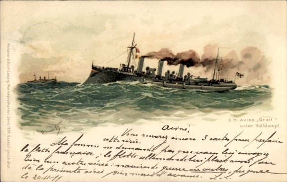 Artist Chromo-Litho Bohrdt, Hans, German warship, SMS Greif, Aviso