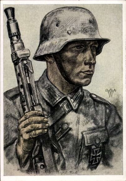 Kunstenaar Ak Willrich, Wolfgang, Een motorrijder, machinegeweer, stalen helm, VDA P 1 R 9 nr. 3