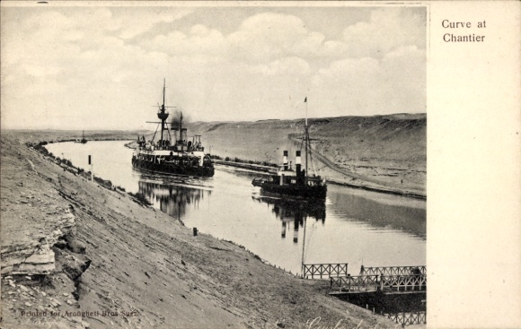 Postcard Port Said Egypt, ironclad, construction site curve, tug