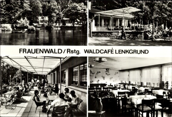 Postcard Frauenwald am Rennsteig Ilmenau in Thuringia, Waldcafé Lenkgrund, garden with pond, indoor...