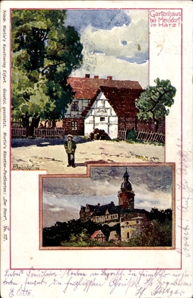 Kunstenaarskaart Bahndorf, Heribert, Meisdorf Falkenstein Harz, tuinhuis, kasteel Falkenstein