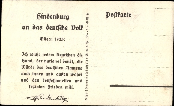 Postcard Field Marshal Paul von Hindenburg, speech to the German people 1925