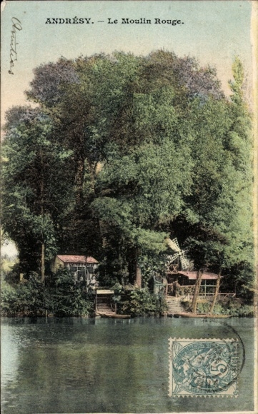 Ak Andrésy Yvelines, Le Moulin Rouge, grüne Bäume, Wasseransicht, 