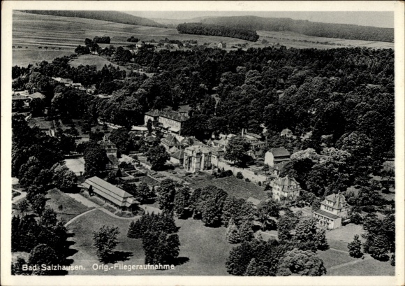 Postcard Bad Salzhausen Nidda in Hesse, aerial view of park landscape, buildings