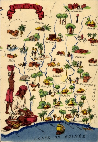 Landkarten Ak Elfenbeinküste, Agboville, Bouake, Bouna