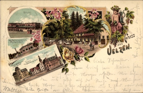 Chromo-Litho Uelzen in Lower Saxony, train station, secondary school, cattle insurance bank, post office, fisherman's farm