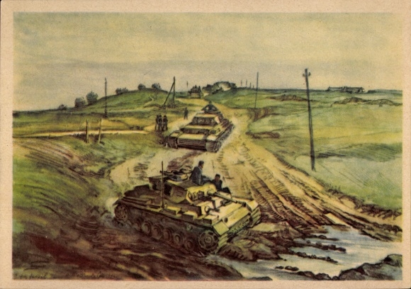Artist Postcard Hensel, German Wehrmacht, Rolling Panzer III