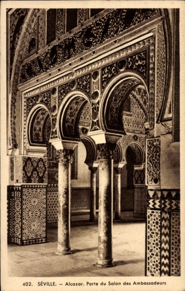 Postcard Barrio de Santa Cruz Seville Andalusia, Alcazar, Salon des Ambassadeurs, columns, arches, decoration