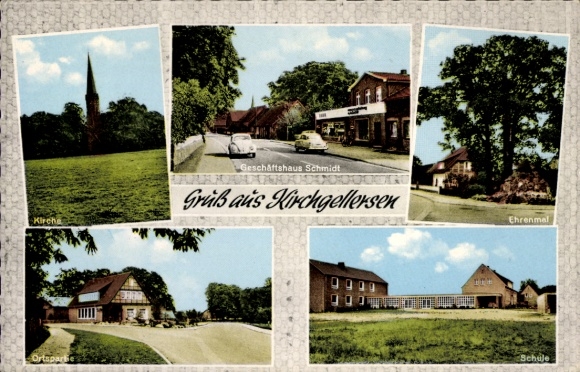 Ak Kirchgellersen Nedersaksen, kerk, Schmidt-bedrijfsgebouw, gedenkteken, school