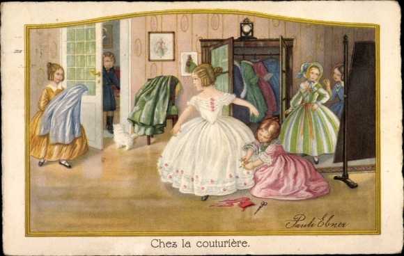 Artist Postcard Ebner, Pauli, Chez la coutourière, dress rehearsal, dressmaker