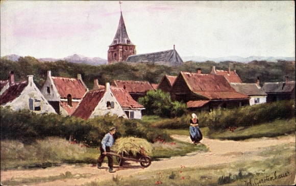 Artist PC Gerstenhauer, Johann Georg, town view, farmer with hay carts, Dutch costumes