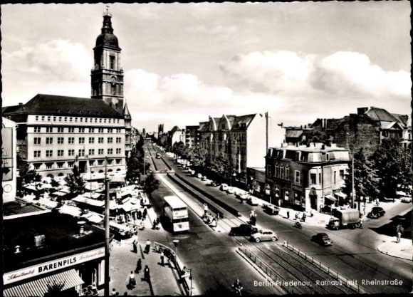 Postcard Berlin Schöneberg Friedenau, city view, town hall, Rheinstraße, tram, architecture