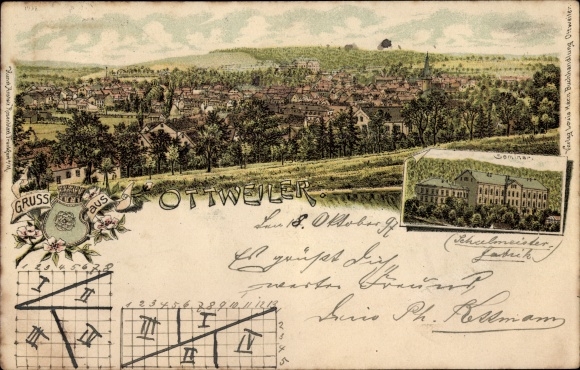 Chromo-Litho Ottweiler in Saarland, seminar, total view of the village