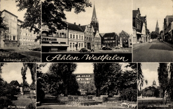 Ak Ahlen in Münsterland Westfalen, ziekenhuis, marktplein, Alter Winkel, parochiekerk