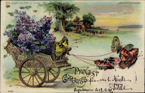 Halt against the light Chromo-Litho Congratulations Pentecost, butterflies, carriage, lilacs
