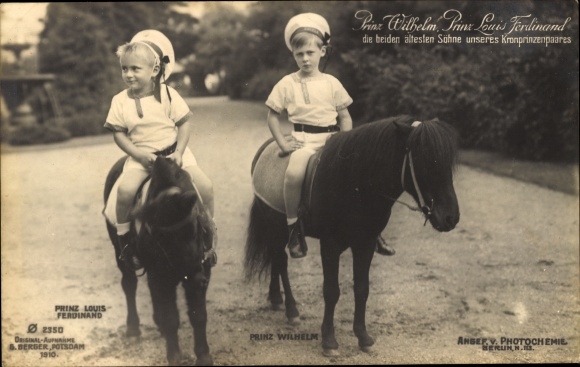 Postcard Princes Louis Ferdinand and Wilhelm of Prussia on ponies