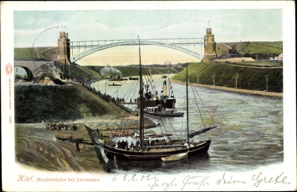 Postcard Kiel in Schleswig Holstein, view of the high bridge near Levensau, ship on the shore