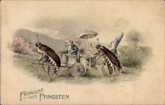 Postcard Congratulations Pentecost, cockchafers and dwarves
