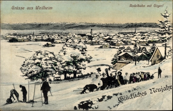 Postcard Weilheim Oberbayern, toboggan run with Gögerl, Happy New Year
