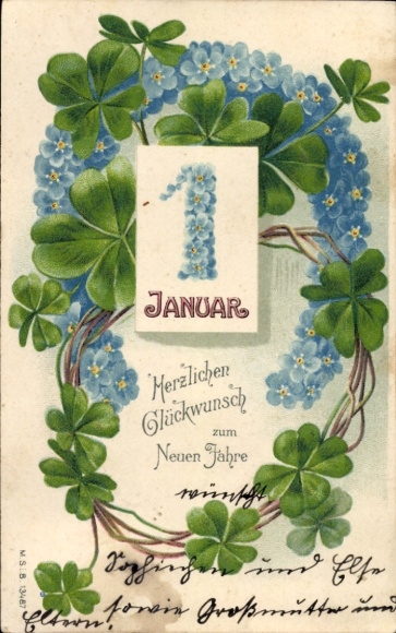 Postcard New Year, calendar 1 January, clovers, horseshoe forget-me-not