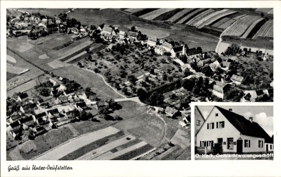 Postcard Unter Deufstetten Fichtenau, aerial photograph of the village and fields, general store O. Heck