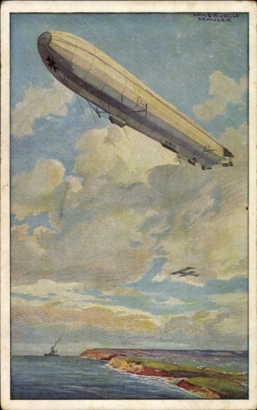 Artist Postcard Schulze, HR, Reichsmarine airship, watch on the German Baltic coast