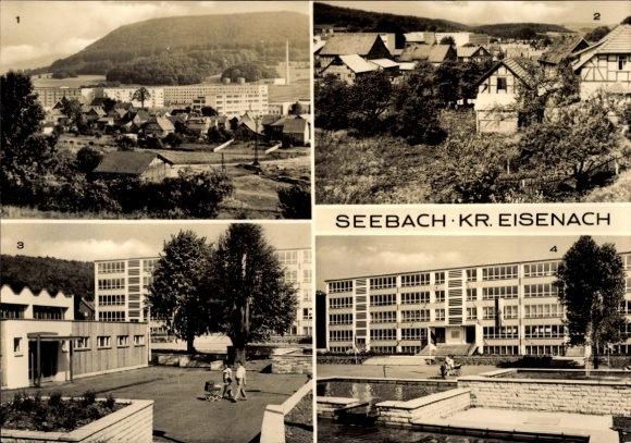 Postcard Seebach in the Wartburg district, partial view, Karl Liebknecht School, sports hall